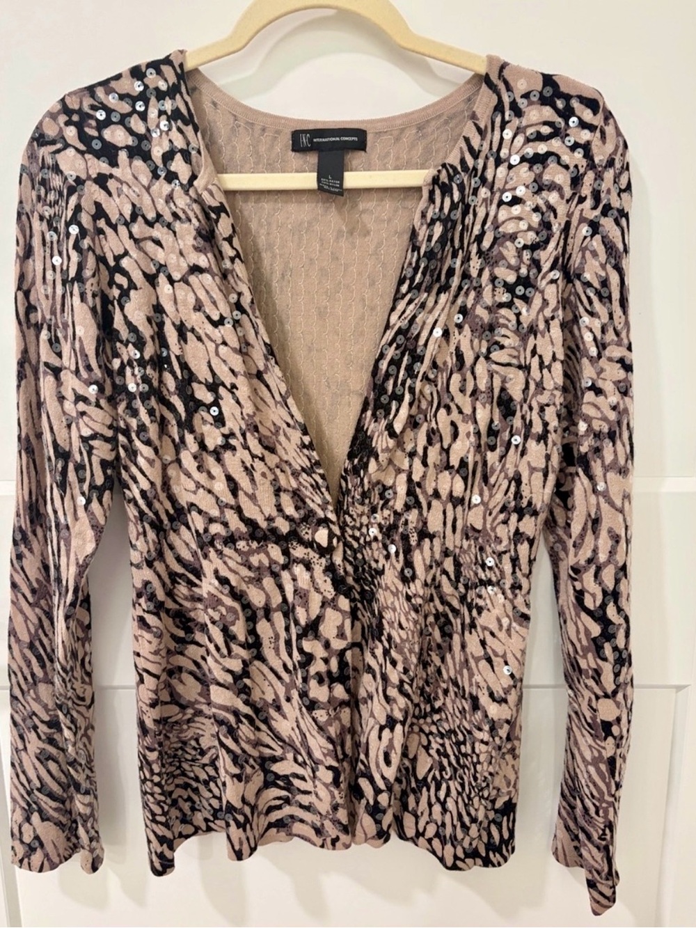 INC International Concepts Blush Pink and Black Sequin Animal-Print V-Neck Top
